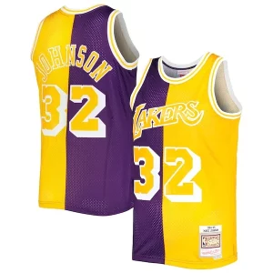 Magic Johnson Eye - catching Los Angeles Lakers Hardwood Classics 1984/85 Split Swingman Jersey Purple/Gold Ideal for Collectors
