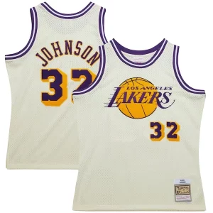 Magic Johnson Los Angeles Lakers Premium Chainstitch Swingman Jersey Cream Ideal for Collectors