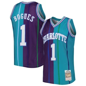 Muggsy Bogues Chic Charlotte Hornets Hardwood Classics 1992/93 Split Swingman Jersey Teal/Purple Great for Fans
