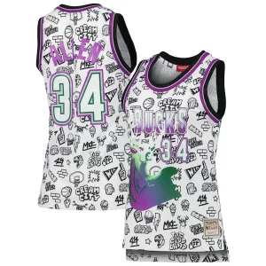 Ray Allen Milwaukee Bucks Women's Eye - catching 1996 Doodle Swingman Jersey White Perfect for Game Day